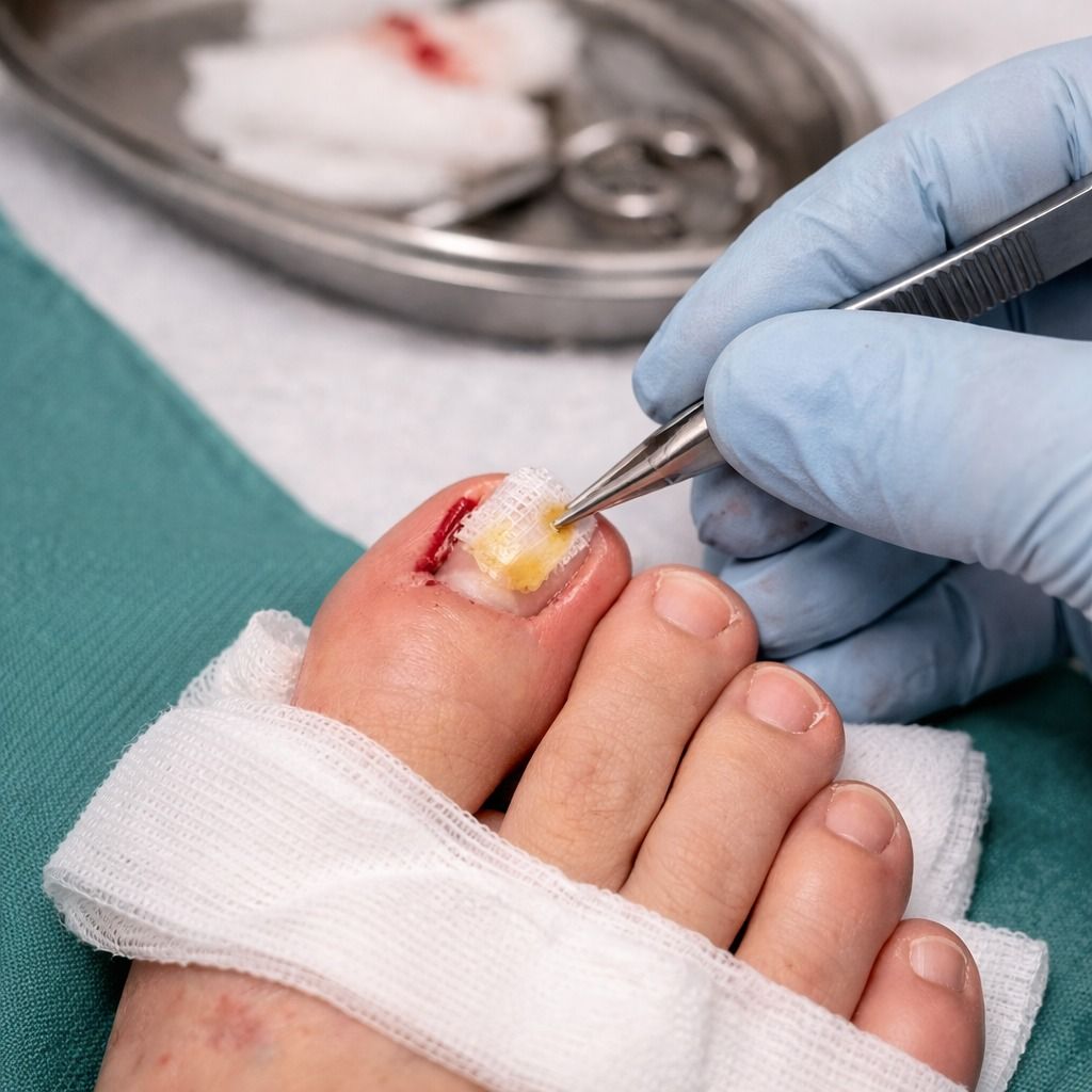 Gloved hand applying treatment to an infected toenail wrapped in white gauze — Lord Street Podiatry in Port Macquarie, NSW