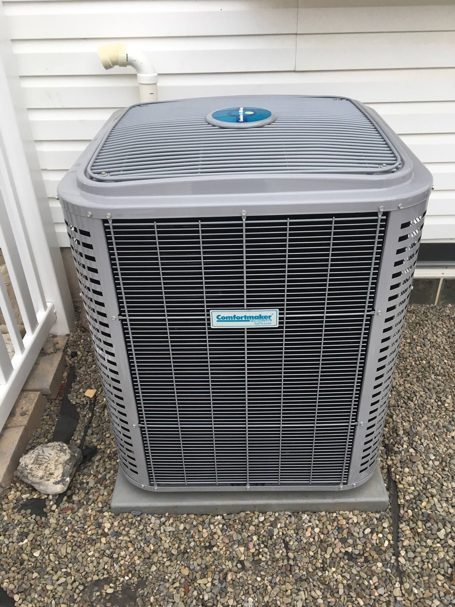 Gray air conditioning unit on gravel next to a white wall.