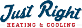 Logo for "Just Right" HVAC services. Dark blue script text on white background with red text below that says "HEATING & COOLING".