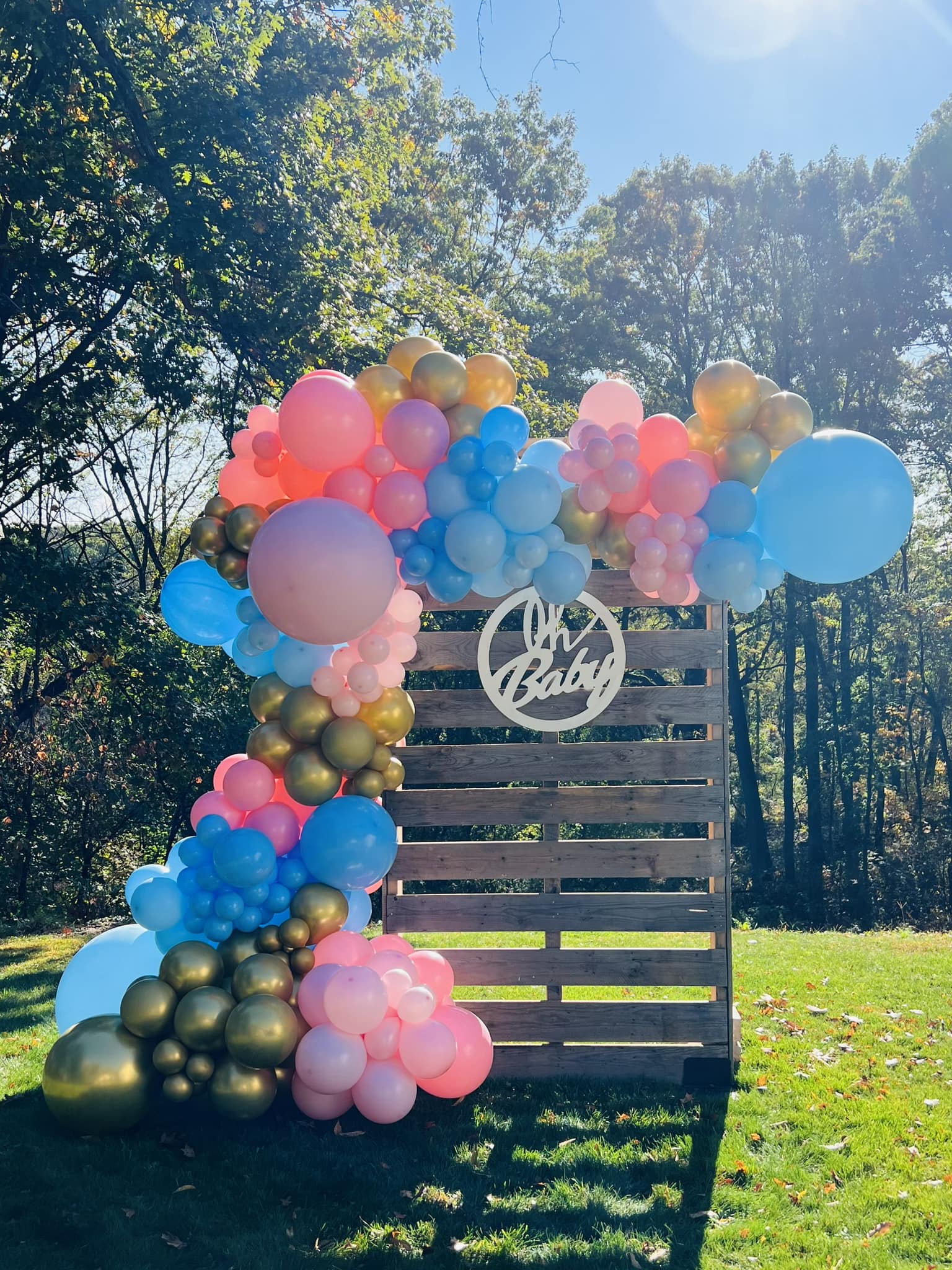 Elegant outdoor baby sprinkle decor in Porter County, Indiana, featuring pink, blue, and gold balloons with a pallet wall and 'Oh Baby' sign for an eye-catching photo opportunity.