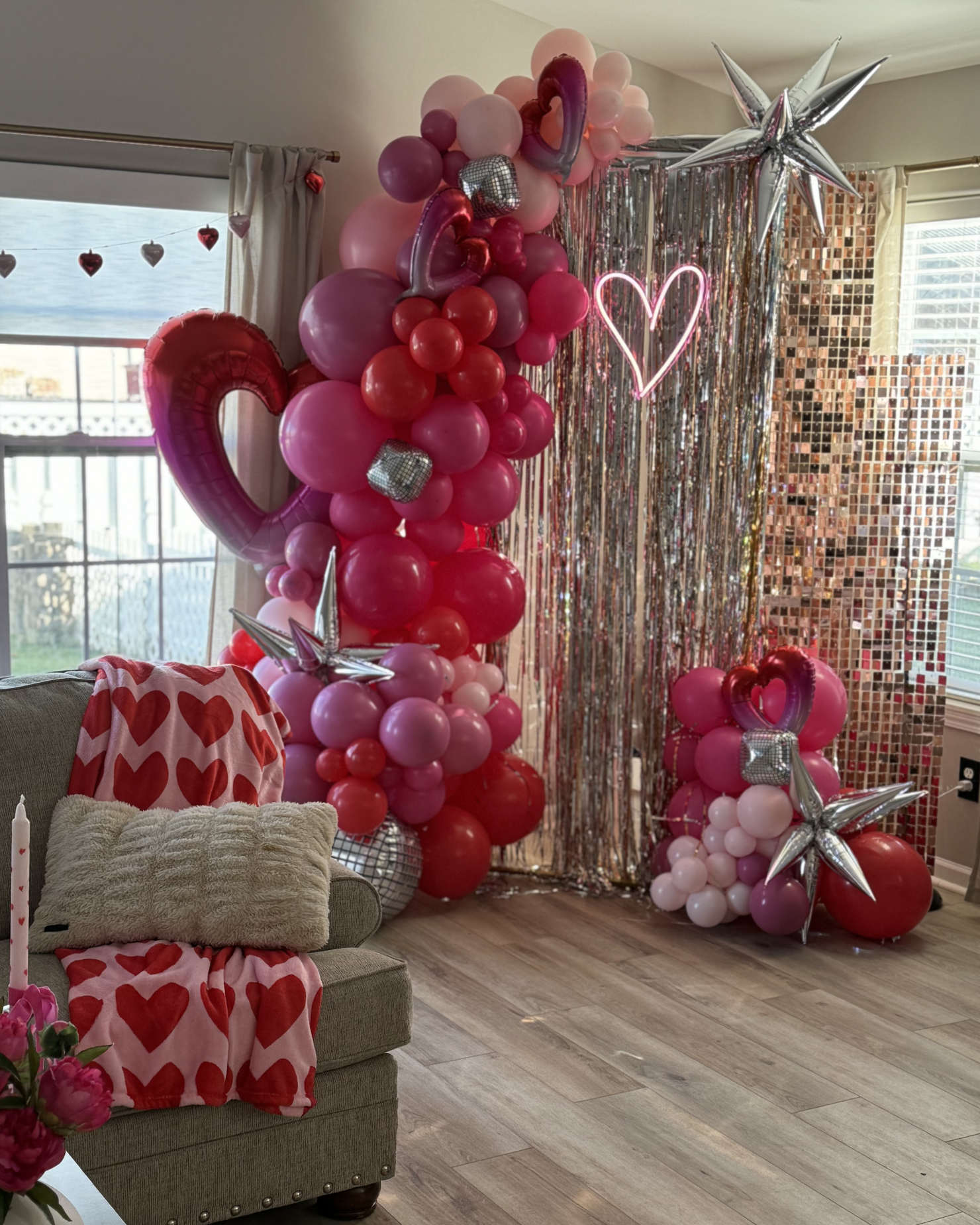 galentine's day balloon decor in crown point indiana red pink and silver festive instagram worthy photo opp