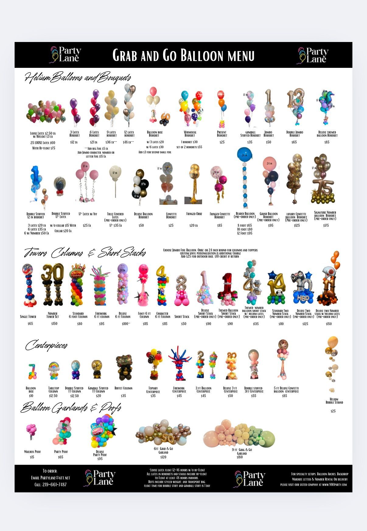 Party Lane offers a large variety of balloon designs and bunches for pickup at their location. Select birthday, congratulations, welcome baby, thank you, and anniversary or I love you balloon designs are also available at this location. NWIparty delivers large balloon, prop, and marquee orders 24/7 Enquire by contacting us.