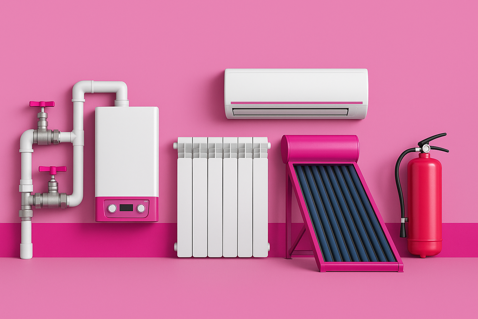 Elettrodomestici rosa: caldaia, termosifone, aria condizionata, pannello solare ed estintore contro una parete rosa.