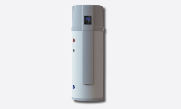 Scaldabagno a pompa di calore bianco e grigio con display digitale e spie luminose.