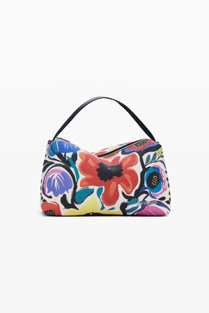 Borsa a mano con stampa floreale e tracolla nera su sfondo bianco.