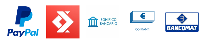 Loghi di PayPal, un quadrato rosso con frecce, un edificio, un simbolo di valuta e Bancomat.