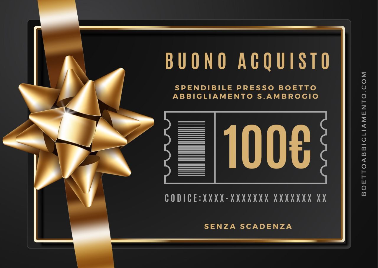 Carta regalo da 100€, utilizzabile presso Boetto Addigliamento S. Ambrogio. Presenta un fiocco dorato su sfondo nero.