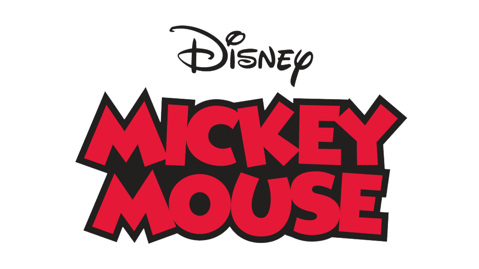 Logo Disney di Topolino con testo rosso e contorno nero.
