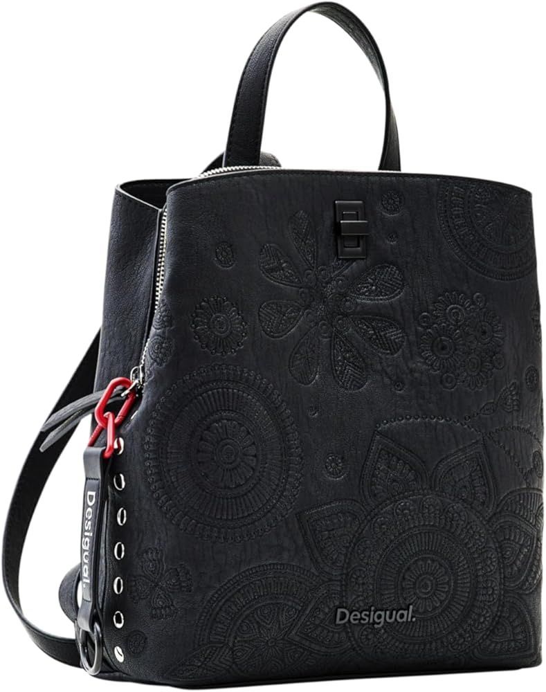 Zaino Desigual nero con motivo in rilievo, manico superiore e spallacci.