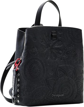 Zaino Desigual nero con motivo in rilievo, manico superiore e spallacci.