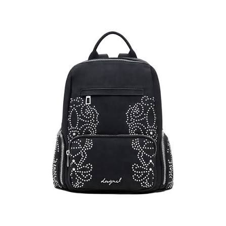Zaino nero con motivo floreale borchiato bianco e manico superiore.