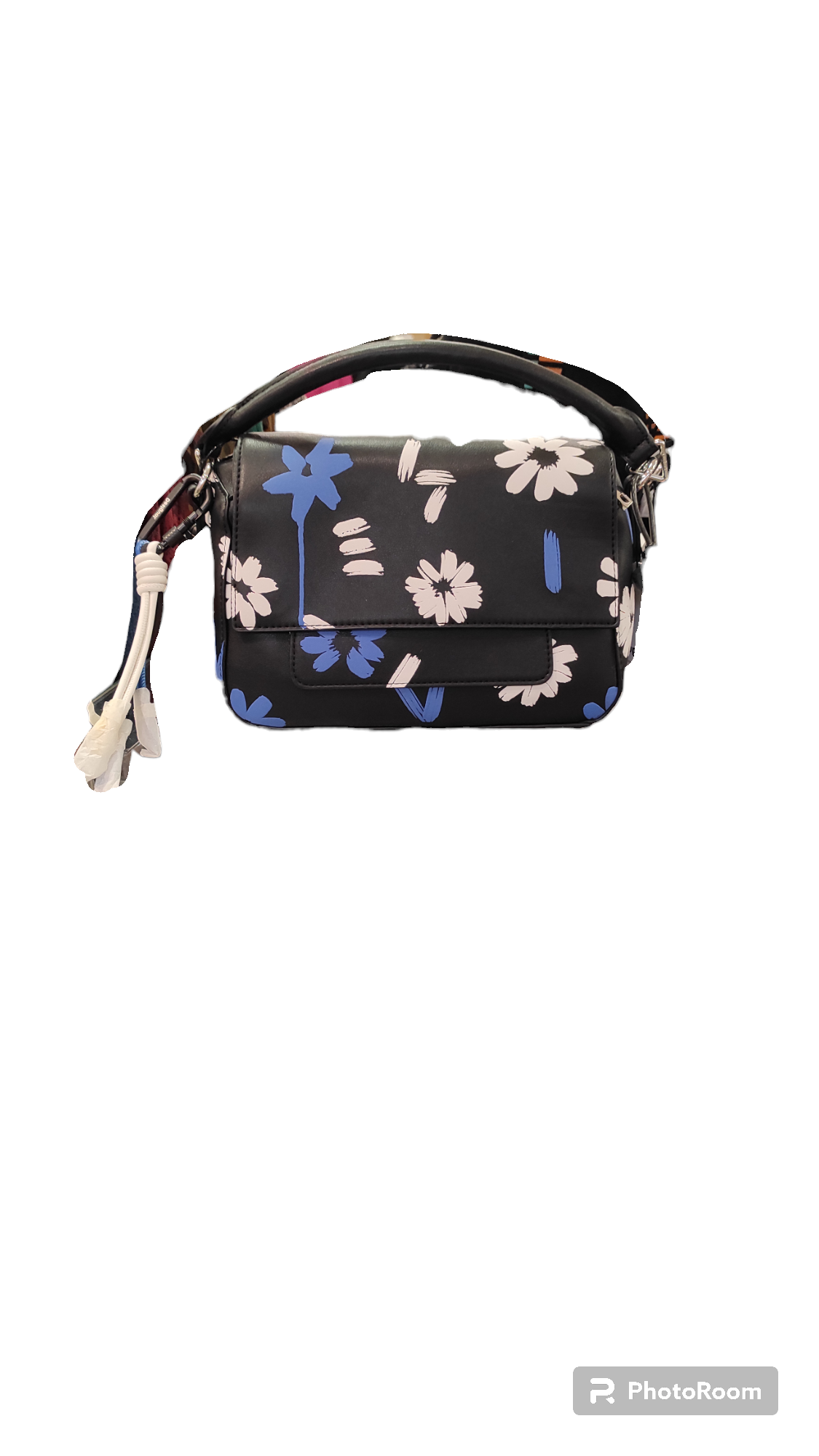 Borsa nera con stampa floreale bianca e blu, manico nero e dettaglio nappa.