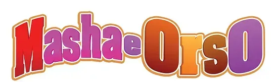 Logo di Masha e Orso con testo colorato in stile cartone animato e contorno marrone.