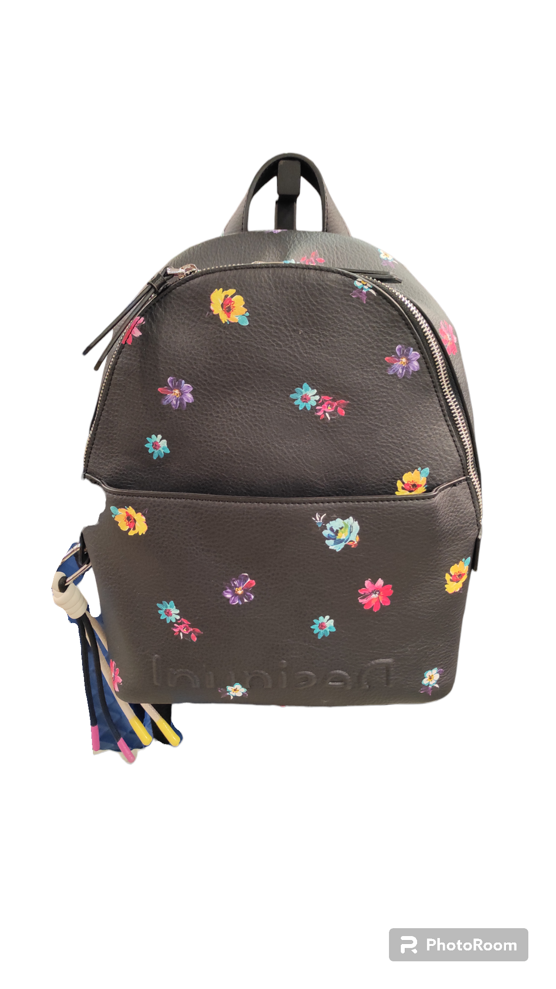 Zaino scuro con stampa floreale e nappa.