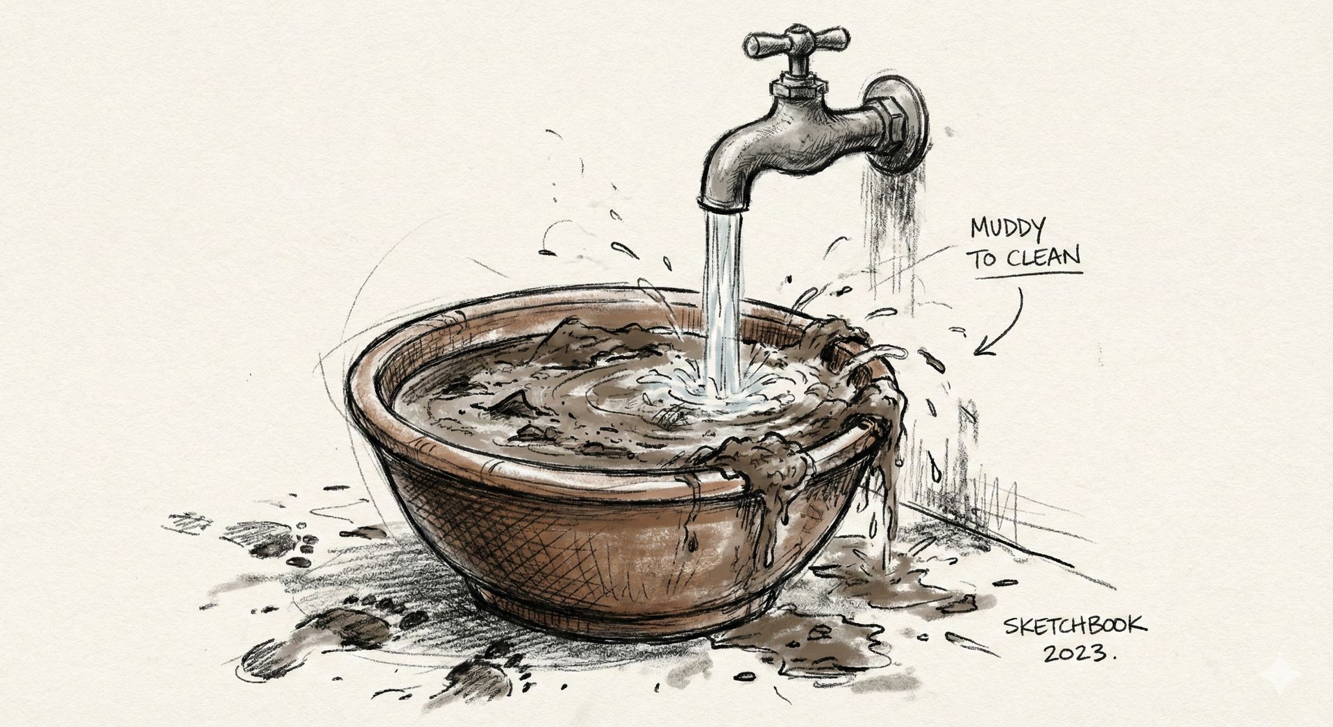 A sketch of a faucet running brown, muddy water into an overflowing bowl, with text reading