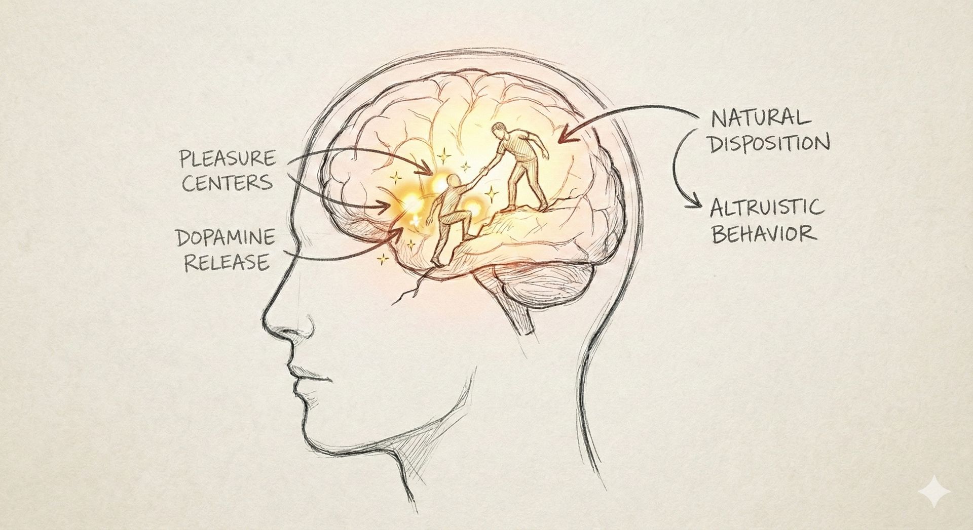 A drawing of a human head shows a bright glow in the brain labeled