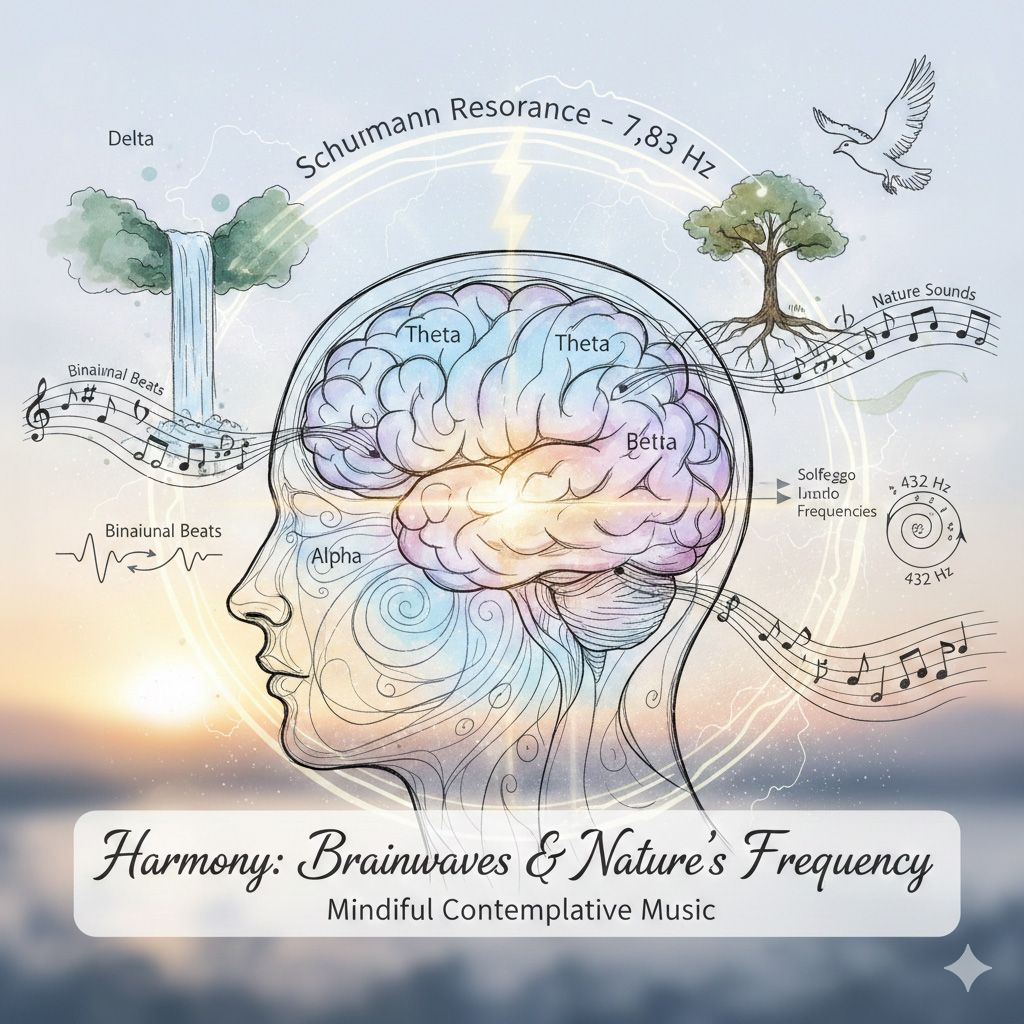 A human head profile with a visible brain, surrounded by nature elements and text: