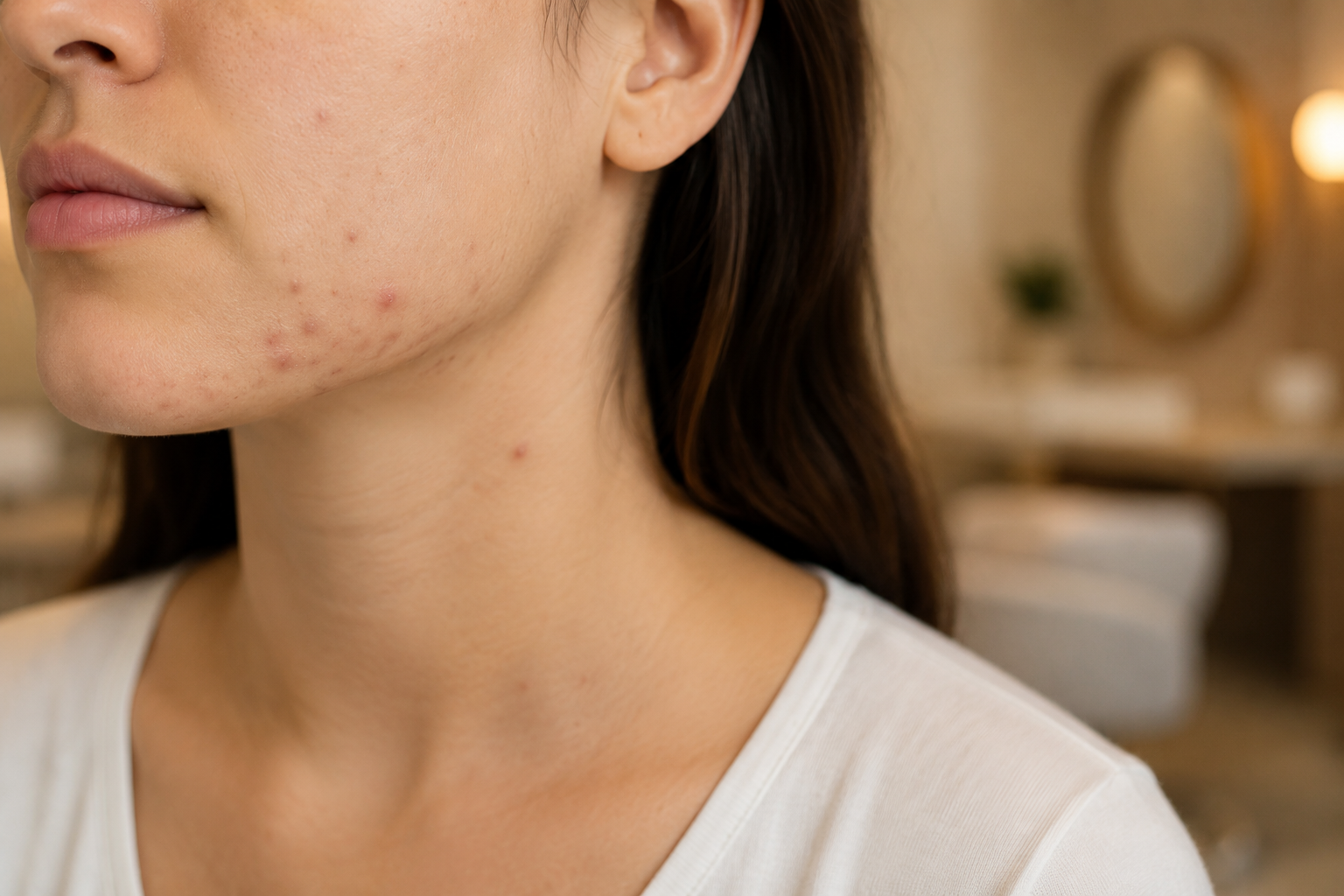 Acne adulta feminina leve na região mandibular em paciente avaliada por dermatologista