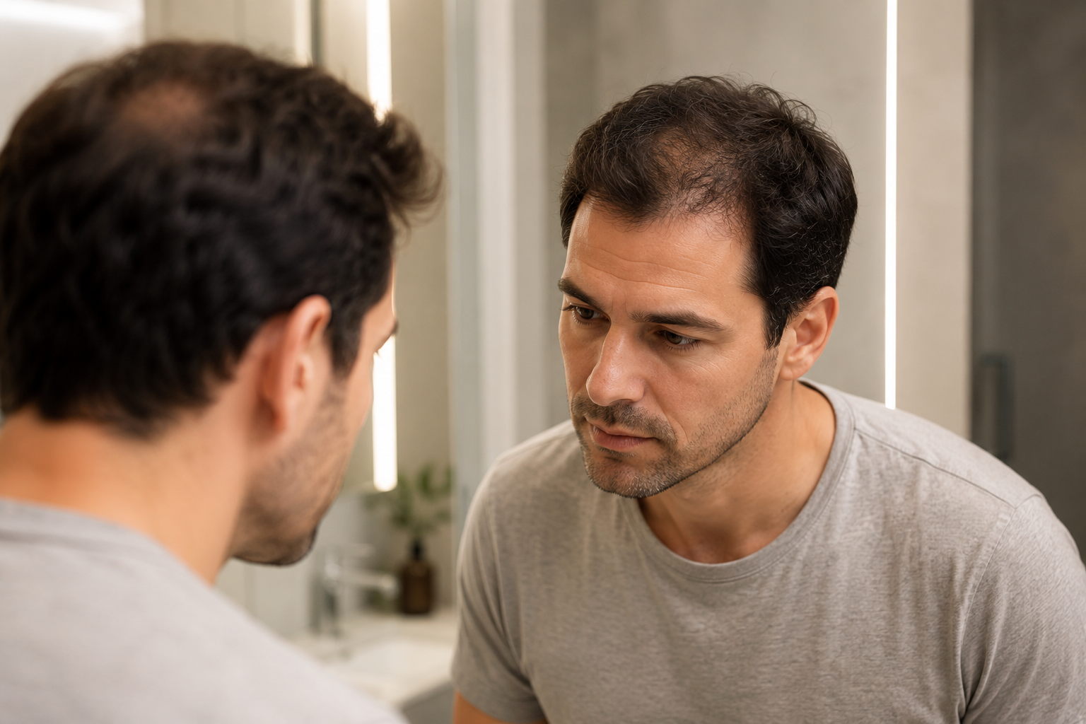 Homem com afinamento capilar frontal relacionado à alopecia androgenética