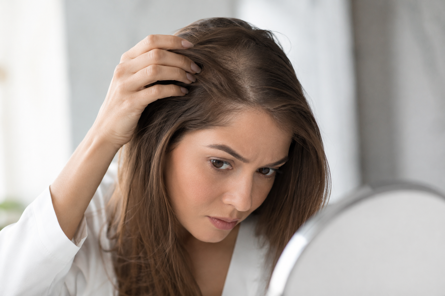 Mulher observando redução de densidade capilar durante avaliação de queda de cabelo feminina