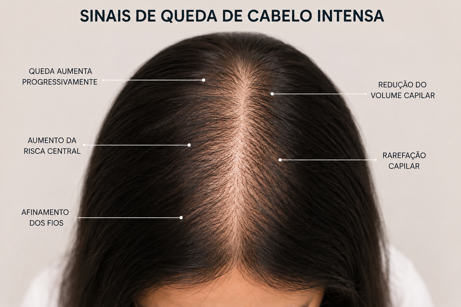 Sinais de queda de cabelo intensa com afinamento dos fios e rarefação capilar