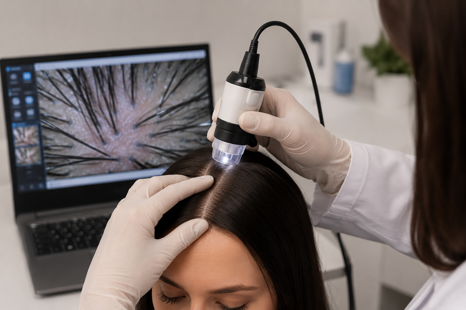Dermatologista realizando tricoscopia para avaliação de queda de cabelo na Vila Olímpia em São Paulo