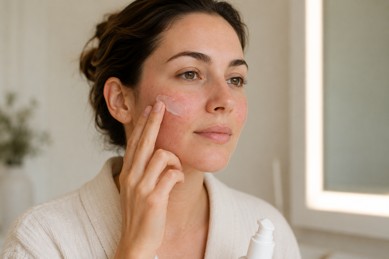 Mulher aplicando skincare suave em pele sensível com vermelhidão facial discreta