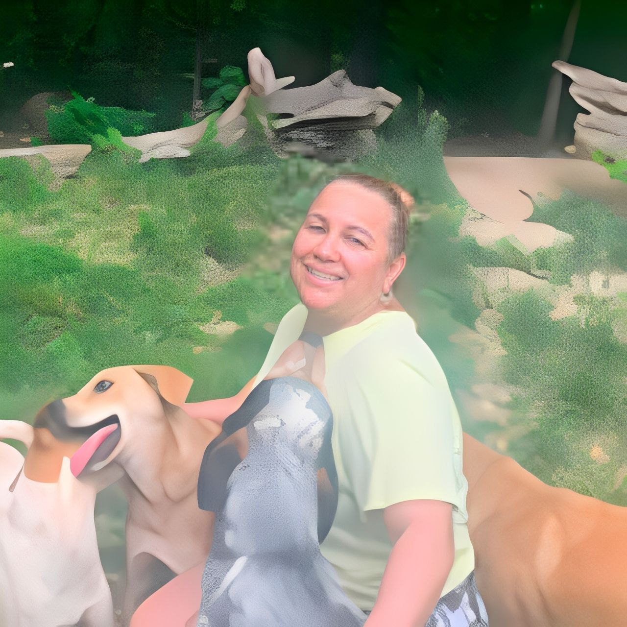 A woman is sitting on the ground with two dogs.