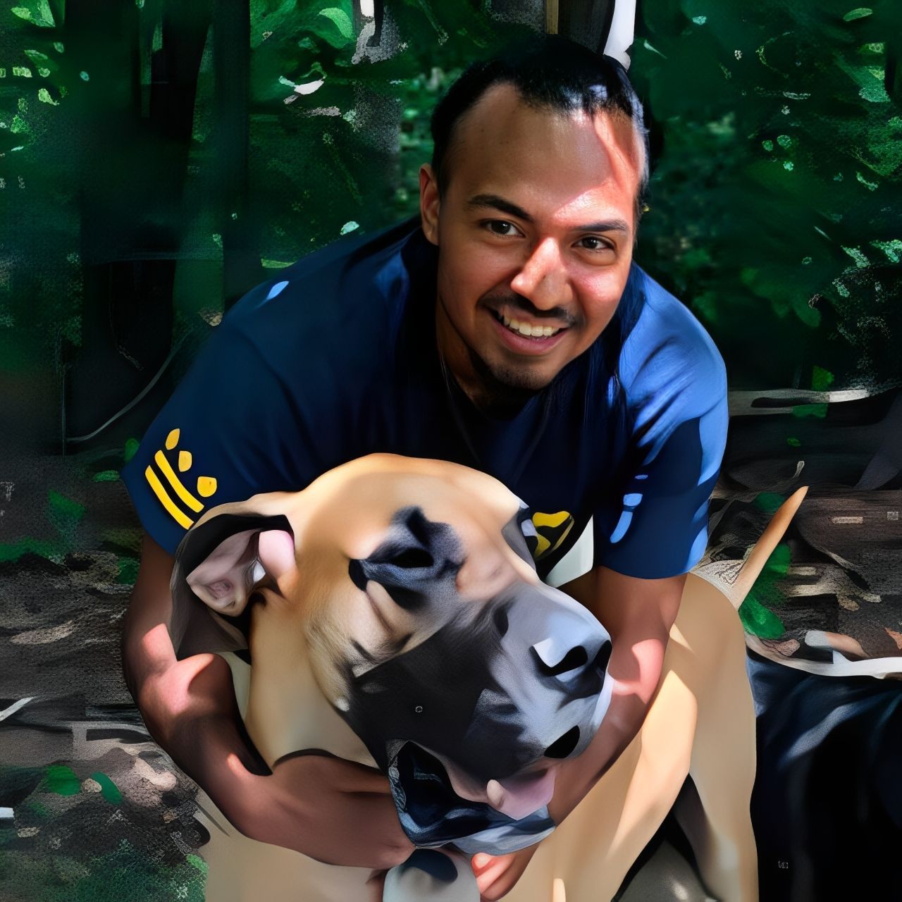 A man is holding a dog in his arms in the woods.