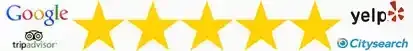 Google and Yelp logos with five gold stars between them, suggesting a top rating or review score