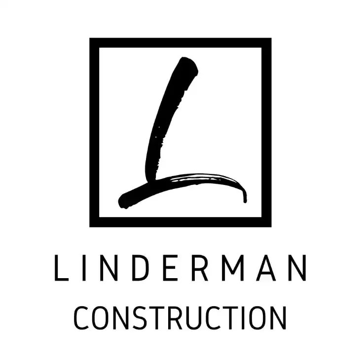 Linderman Construction logo with a black stylized L inside a square on a white background