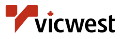 Un logo pour Vicwest avec une flèche rouge et une feuille d'érable
