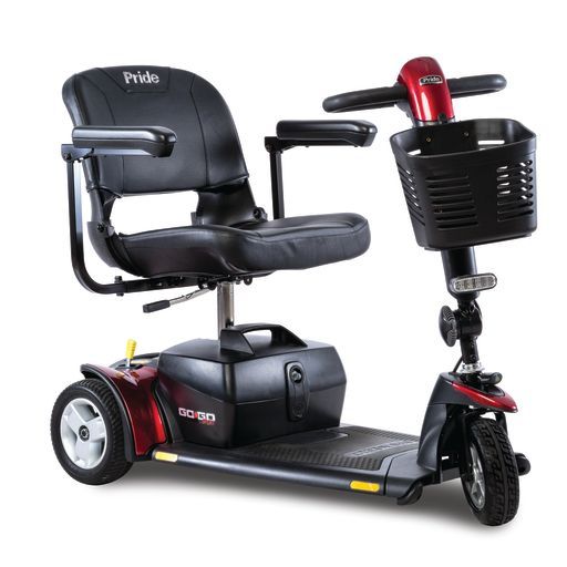 A red and black mobility scooter with a basket attached to it.