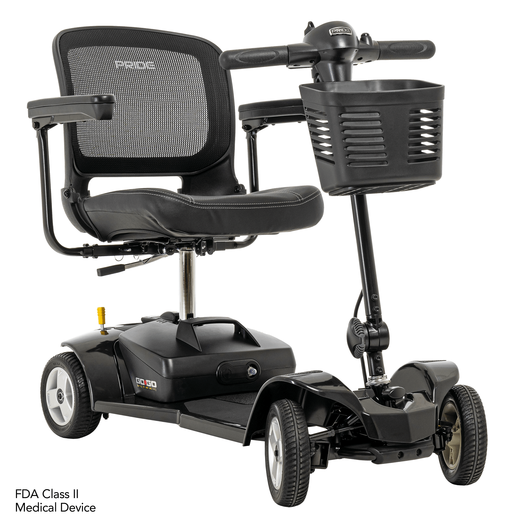 A black mobility scooter with a basket on the front.