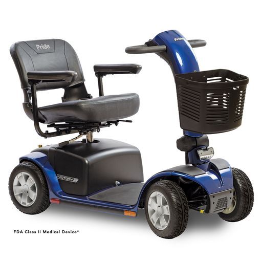 A blue mobility scooter with a basket attached to it.