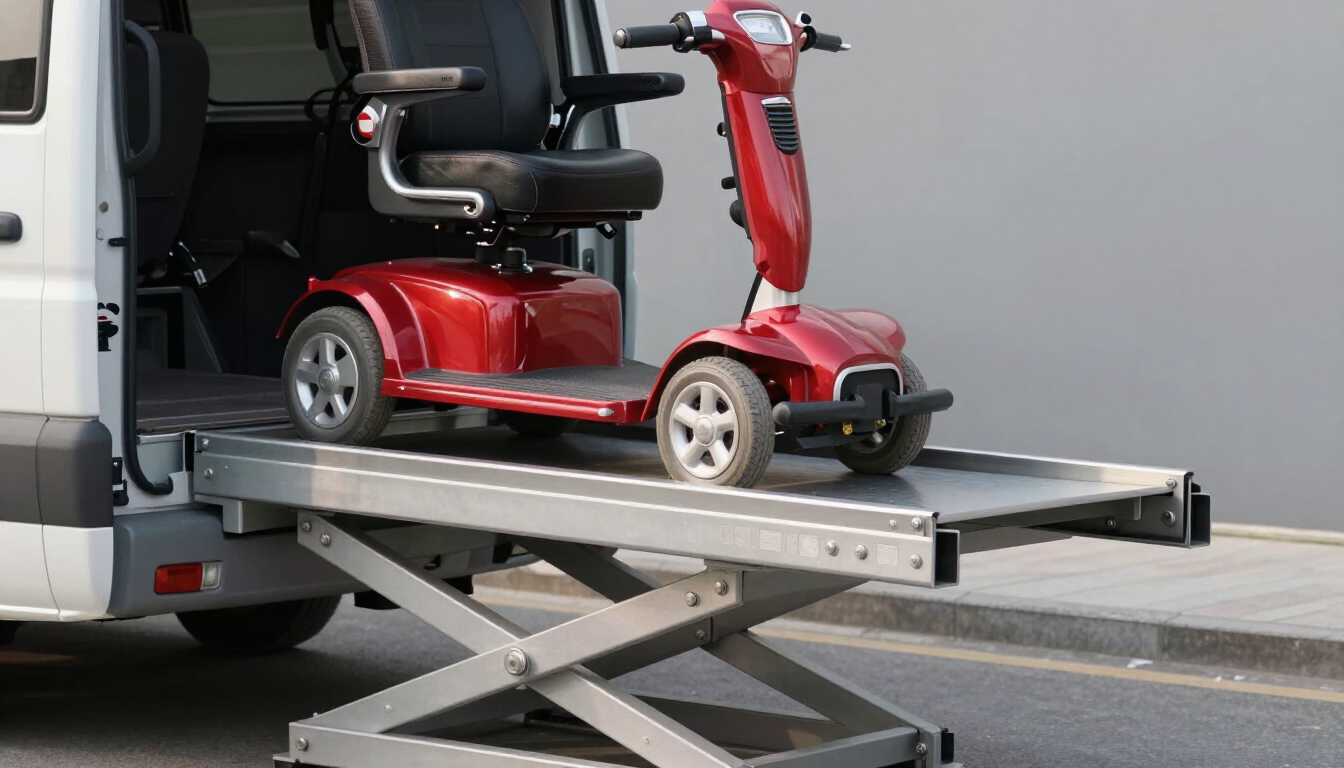 Vehicle lift carrying a mobility scooter in Calhoun, GA