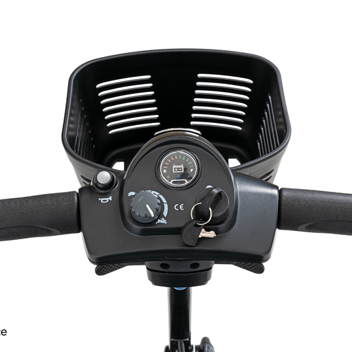 A close up of a scooter with a basket on the front