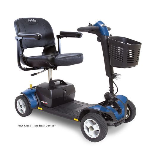 A blue and black mobility scooter with a basket on the front.