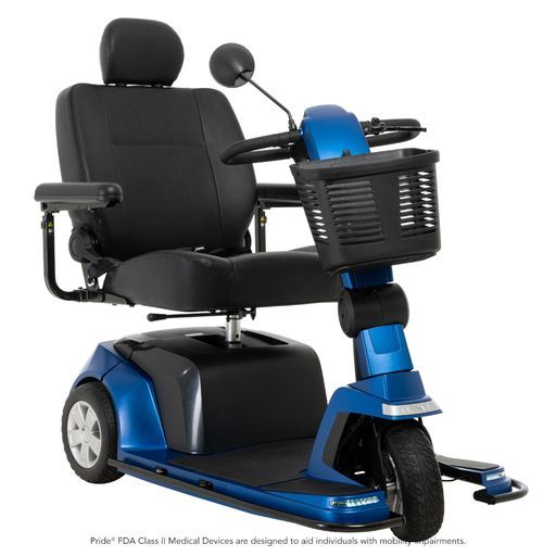 A blue and black mobility scooter with a basket on the front.