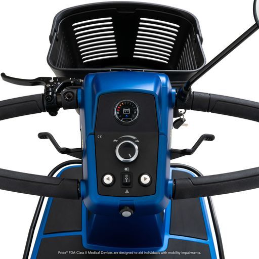The front of a blue mobility scooter with a basket.