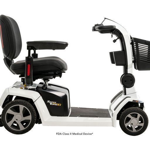 A white and black mobility scooter with a basket attached to it.