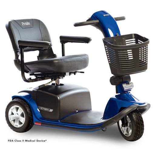 A blue and black mobility scooter with a basket on the front.