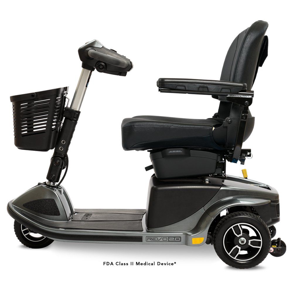 A mobility scooter with a basket on the side of it.