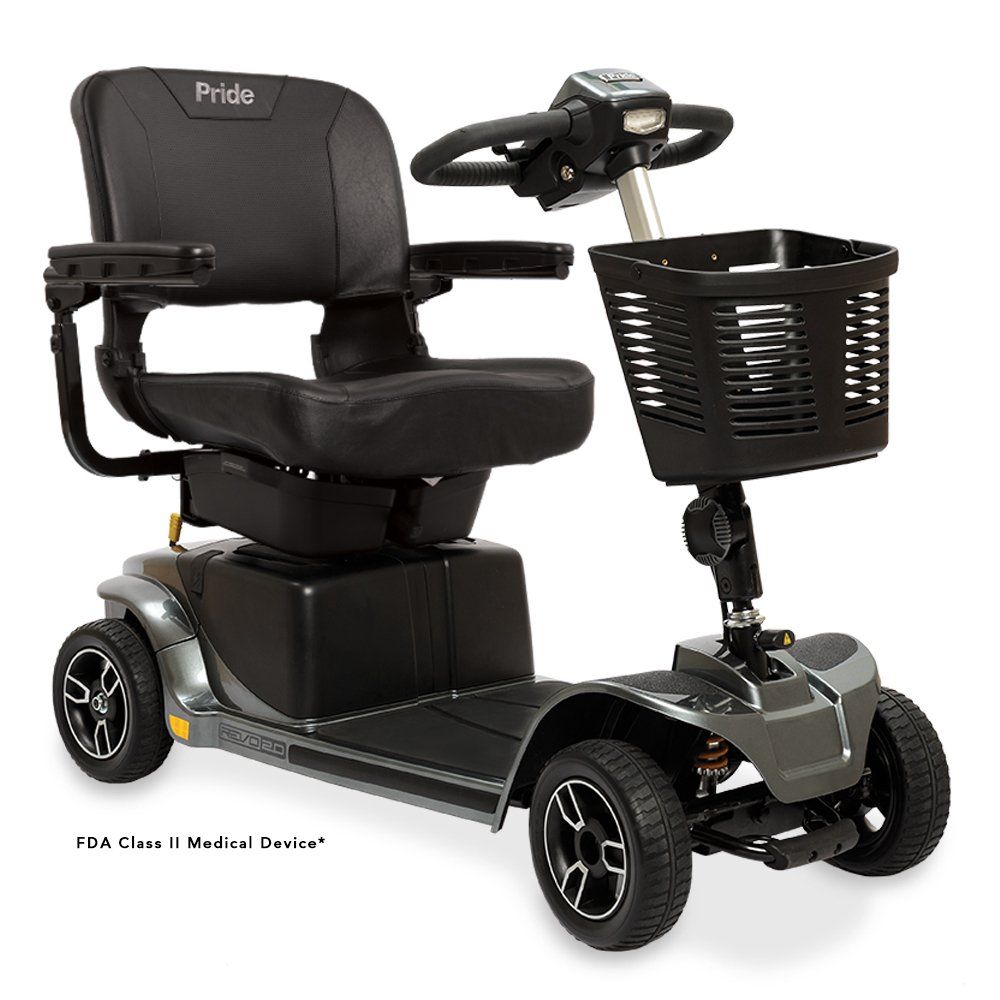 A pride mobility scooter with a basket attached to it