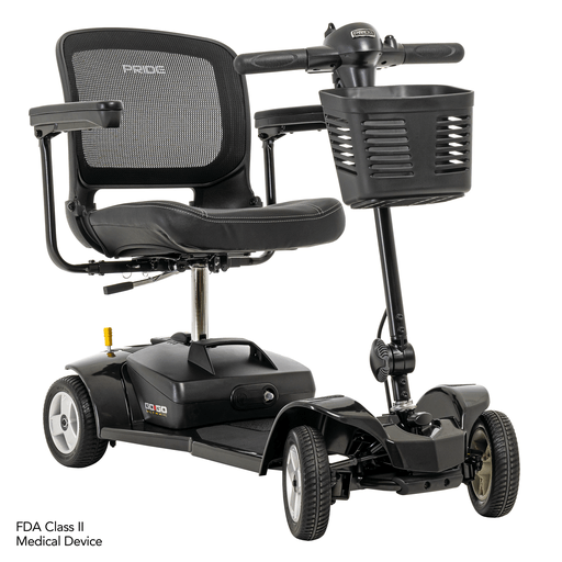 A black mobility scooter with a basket on the front.