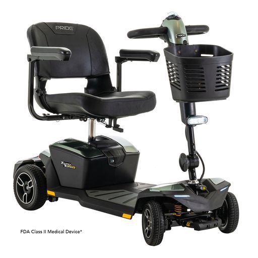 A black mobility scooter with a basket attached to it on a white background.