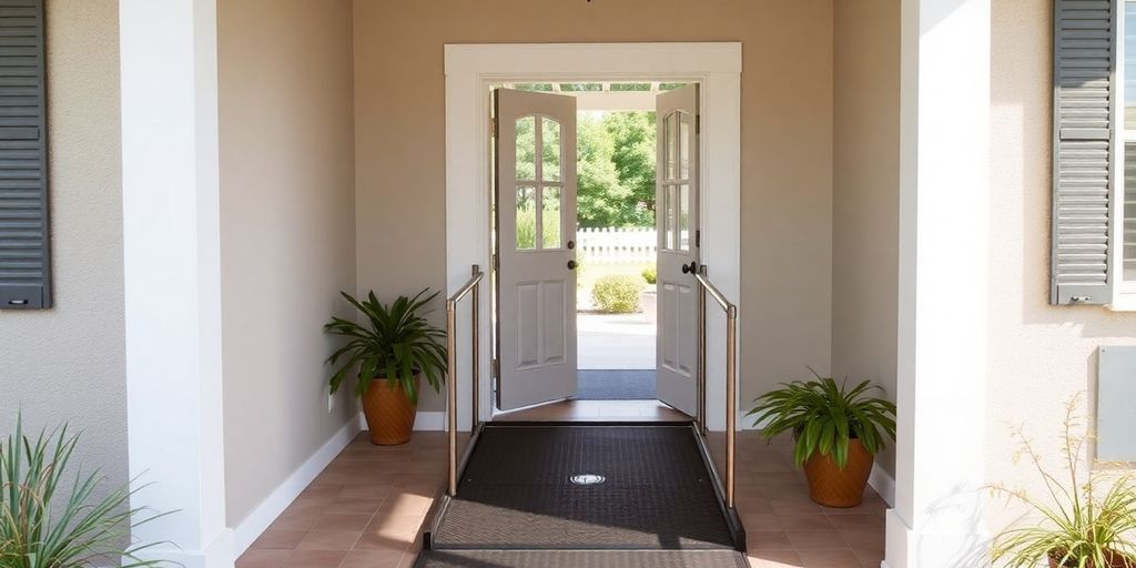 Accessible entryway with ramp and handrails for safety.