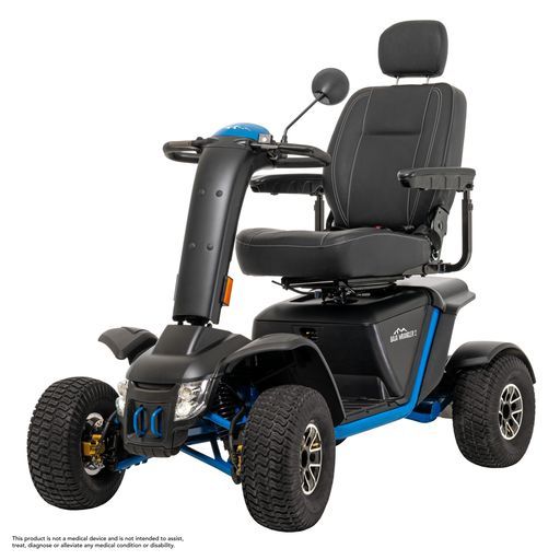 A black and blue mobility scooter on a white background.