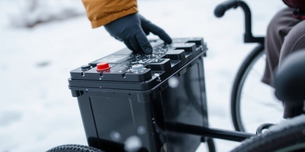 Close-up of wheelchair battery in snowy setting.