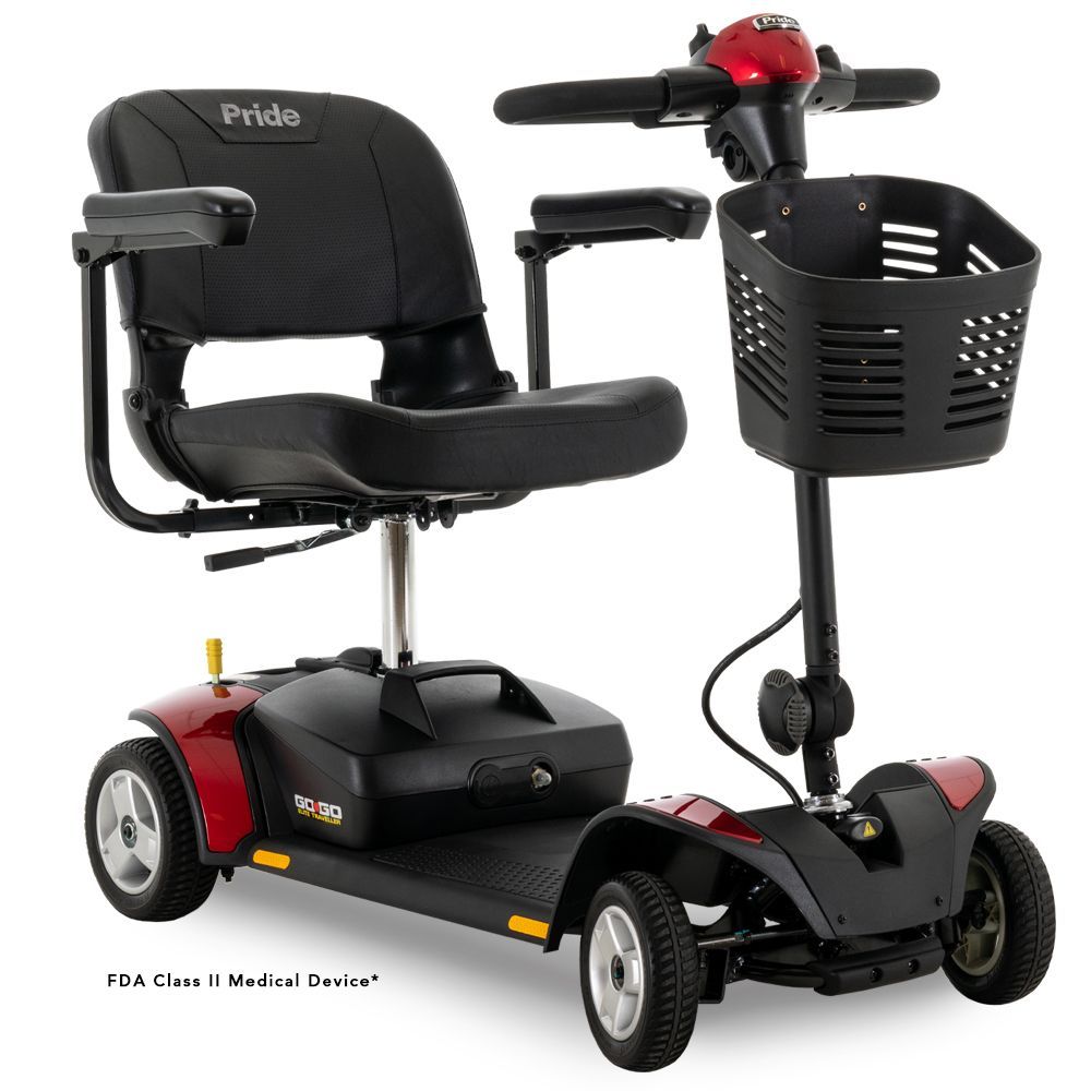 A red and black mobility scooter with a basket attached to it.
